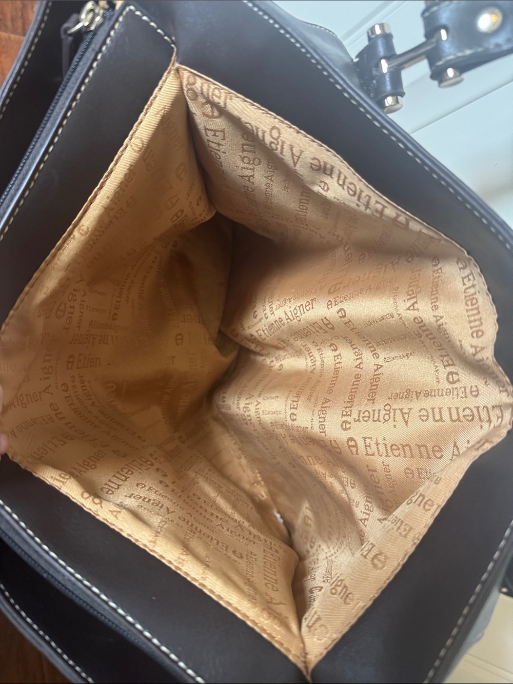 Etienne Aigner Beige Canvas Tote bag purse with Dark Brown leather Trim/gold - Picture 5 of 11